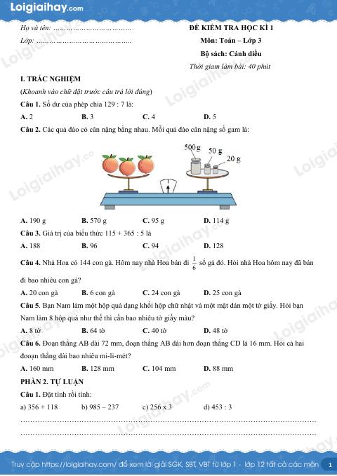 Đề kiểm tra học kì 1 Toán 3 Kết nối tri thức - Đề số 10